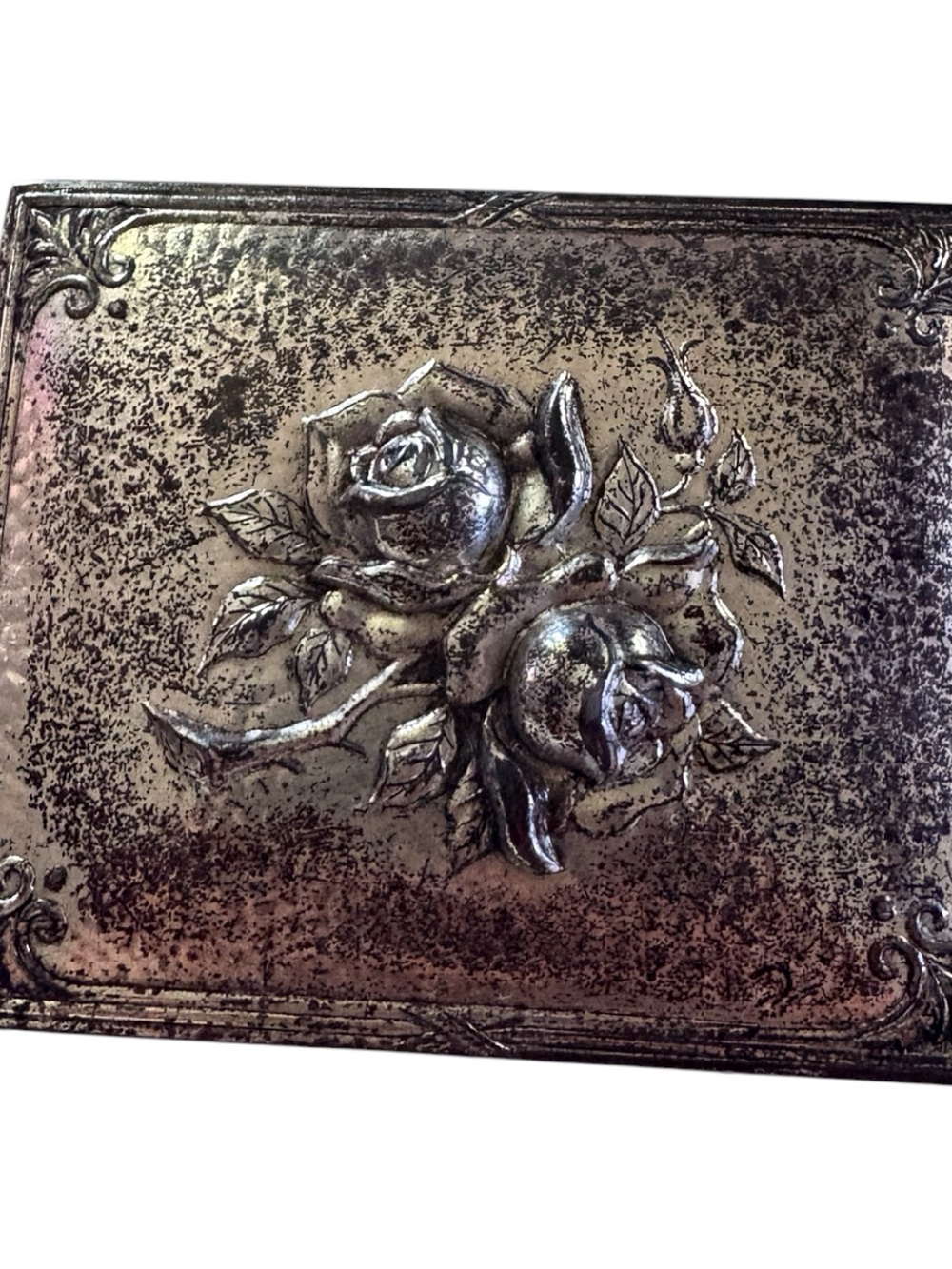 Ornate Silver Rose Embossed Decorative Box with original Petina Vintage piece.